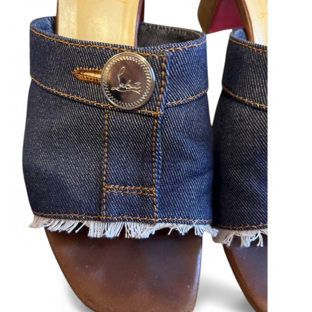 Christian Louboutin Denim Blue Open-Toe Wedge Sandals with Red Heel Accent - Picture 7 of 11